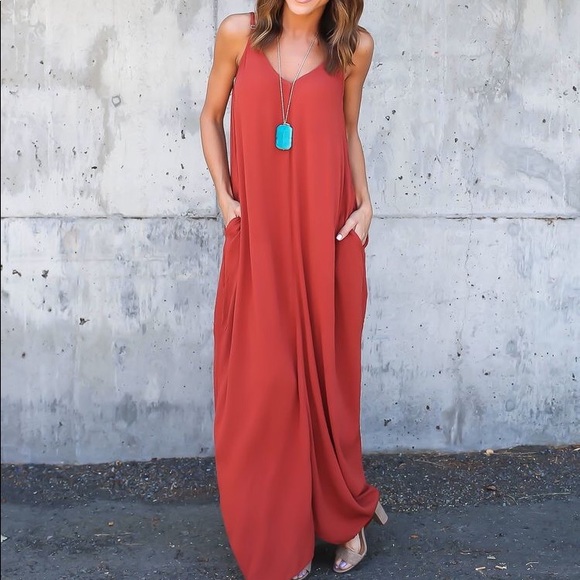 Dresses & Skirts - Orange/Rust Colored V Neck Pocket Maxi Dress